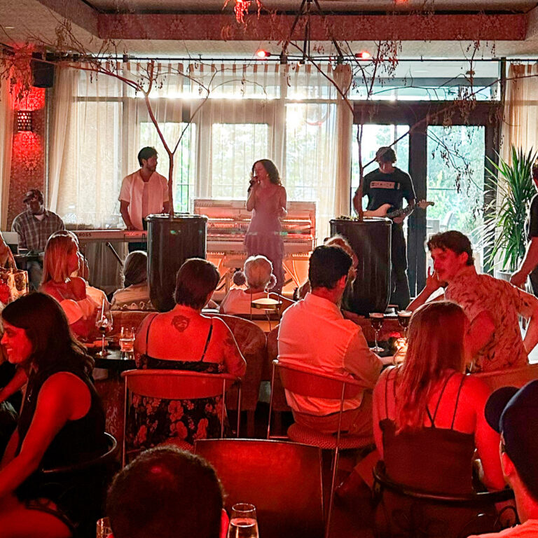 People enjoy their meals and drinks while watching a lady sing on stage.