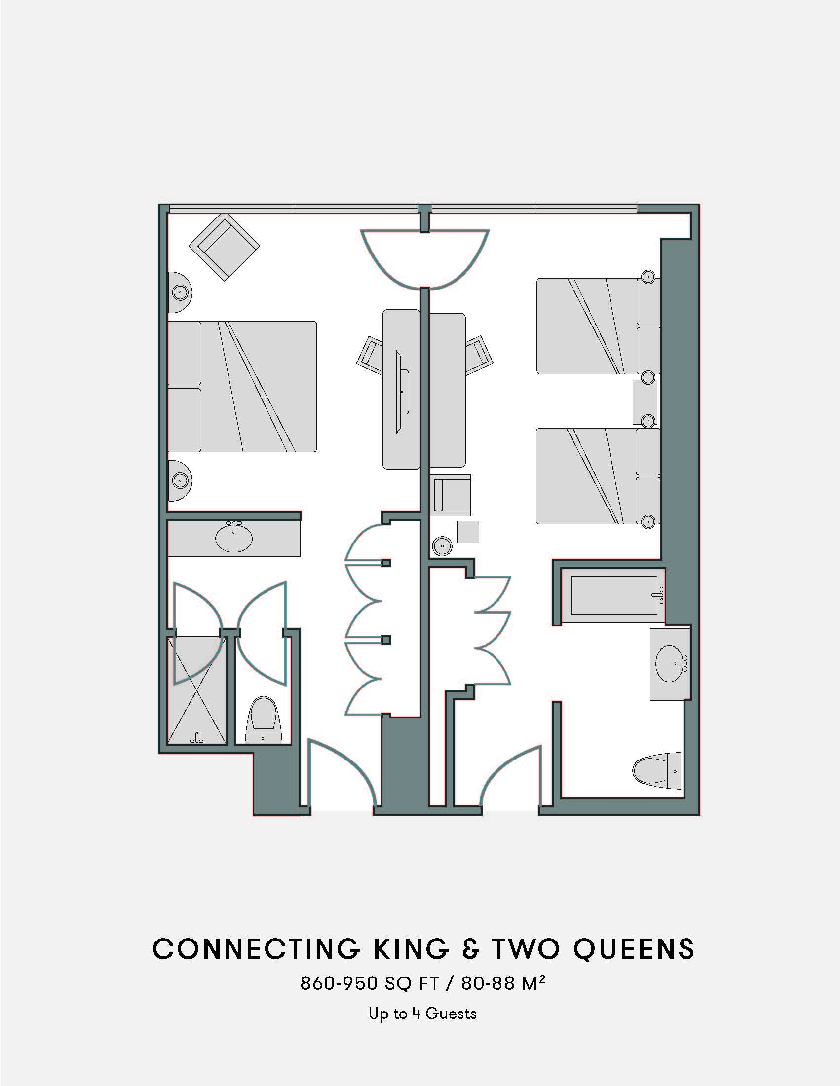 connecting king and two queens floor plan